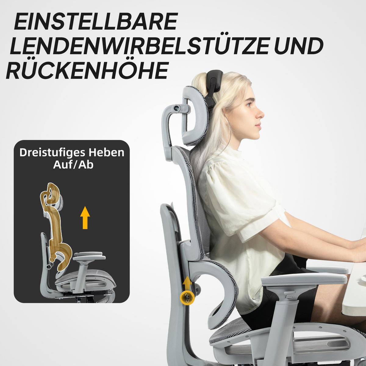 BÜROSTUHL Schreibtischstuhl mit Armlehne Kopfstütze Lendenwirbelstütze Grau - Grau, Kunststoff/Textil (64/122/66cm) - HOMCOM