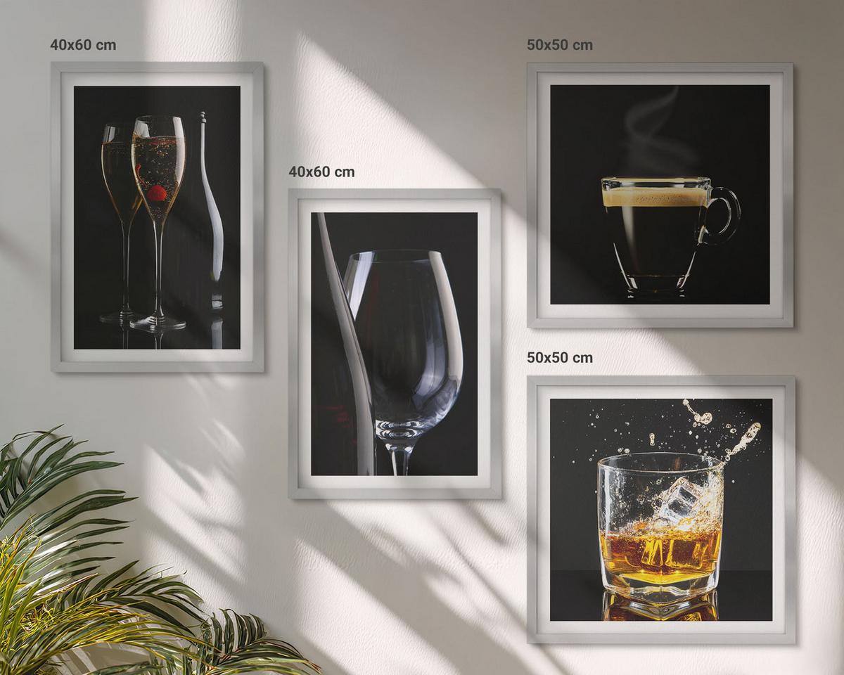 BILDER SET 4er Set - 50x50 cm & 40x60 cm Silberner Rahmen - Whisky, Wein, Champagner, Kaffee, Alkohol - Silberfarben, Kunststoff (50/50cm) - TULUP