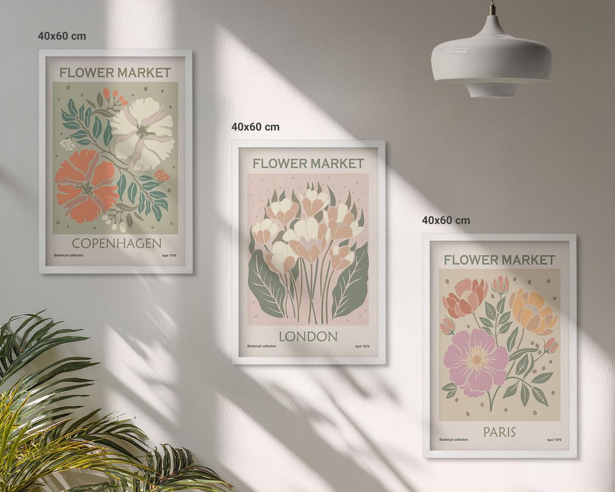 BILDER SET 3er Set - 40x60 cm Weißer Rahmen - Blumenposter Kopenhagen London Paris - Weiß, Kunststoff (40/60cm) - TULUP