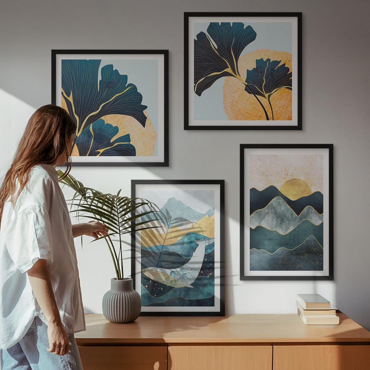 BILDER SET 4er Set - 50x50 cm & 40x60 cm Schwarzer Rahmen - Abstrakte ästhetische Berge - Schwarz, Kunststoff (50/50cm) - TULUP
