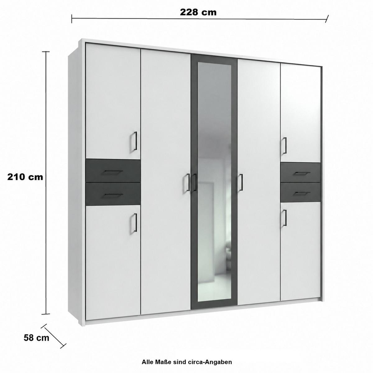 DREHTÜRENSCHRANK B228/H210/T58 cm in Weiß mit Absetzungen in Grafit, Kleiderschrank mit Passepartout&1 Spiegeltür&Schubkästen, Griffe schwarz / 22572 - Graphitfarben/Schwarz, Holzwerkstoff/Kunststoff (228/210/58cm) - luma-home