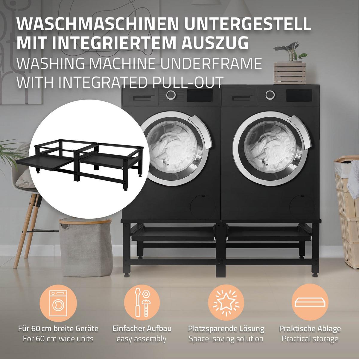 DOPPEL WASCHMASCHINEN UNTERGESTELL 2 Ablagen ausziehbar Schwarz aus Stahl - Schwarz, Metall (127/37/54.5cm) - ML-DESIGN