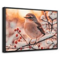 LEINWAND Bilder mit Rahmen - Vogel - Zweig - Winter - Tiere - Schnee - 30x20 - Bernsteinfarben, Textil (30/20cm) - MuchoWow