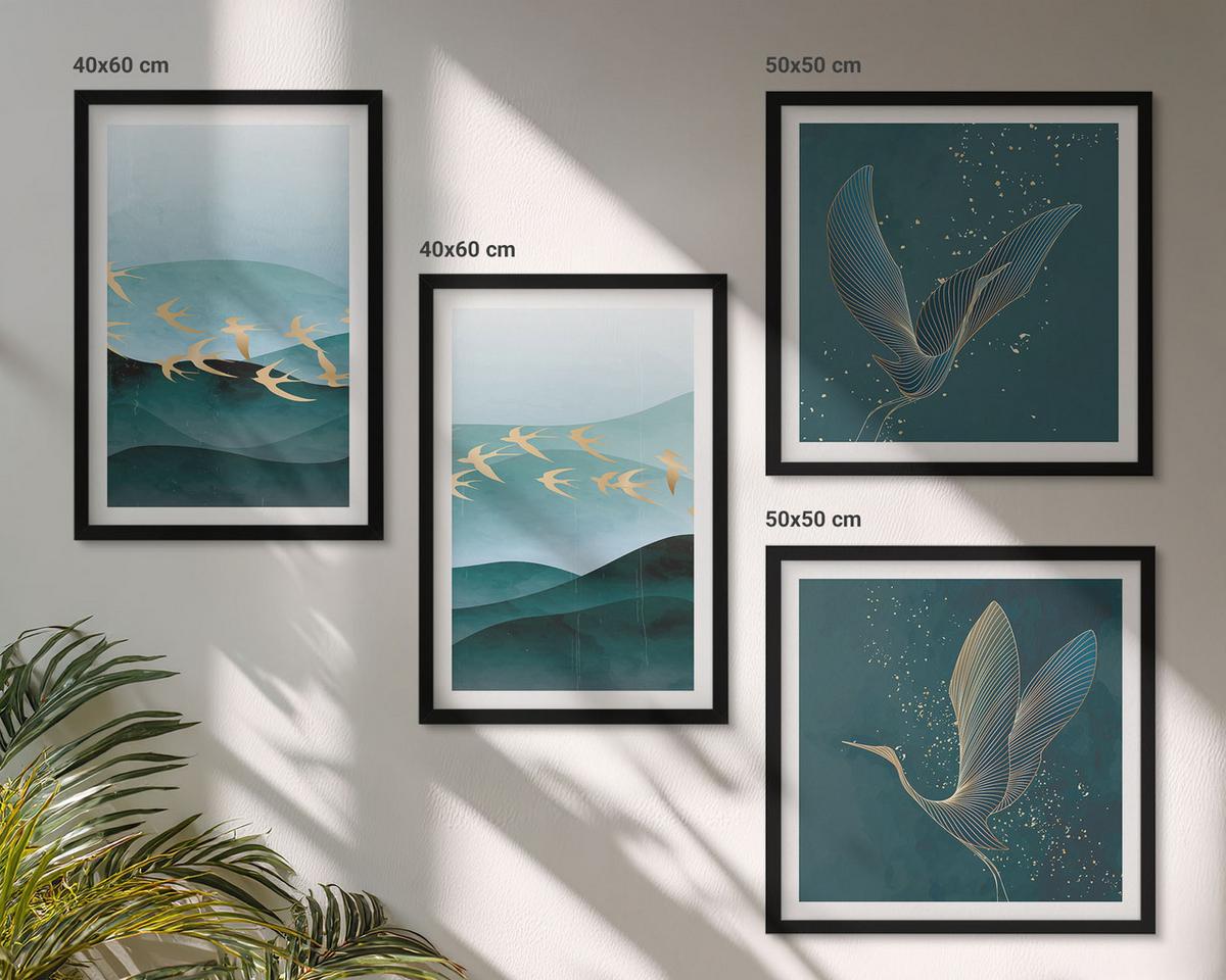 BILDER SET 4er Set - 50x50 cm & 40x60 cm Schwarzer Rahmen - Abstrakte Landschaften von Vogelwellen - Schwarz, Kunststoff (50/50cm) - TULUP