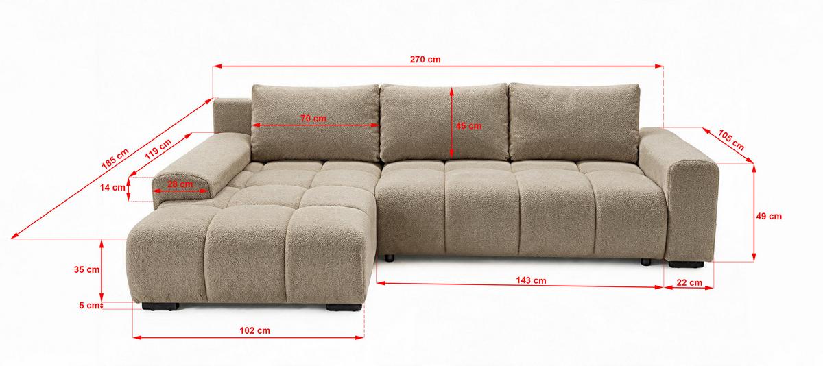 ECKSOFA Ovia mit Bettkasten und Schlaffunktion, Bouclé-Stoff in L-Form - Cappuccino, Textil (270/185cm)