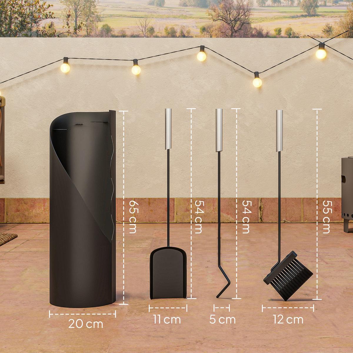 KAMINBESTECK 4-teilig Metall Schwarz - Schwarz, Metall (20/65/20cm) - Outsunny