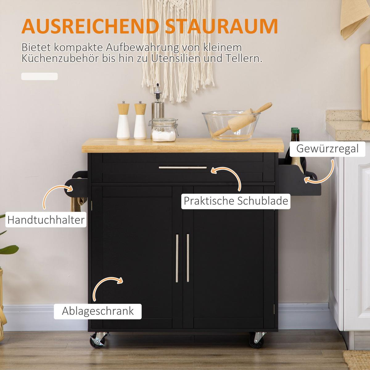 KÜCHENWAGEN, Gummiholz, Schwarz, 109 x 40 x 89 cm - Schwarz, Holzwerkstoff (40/89/109cm) - HOMCOM