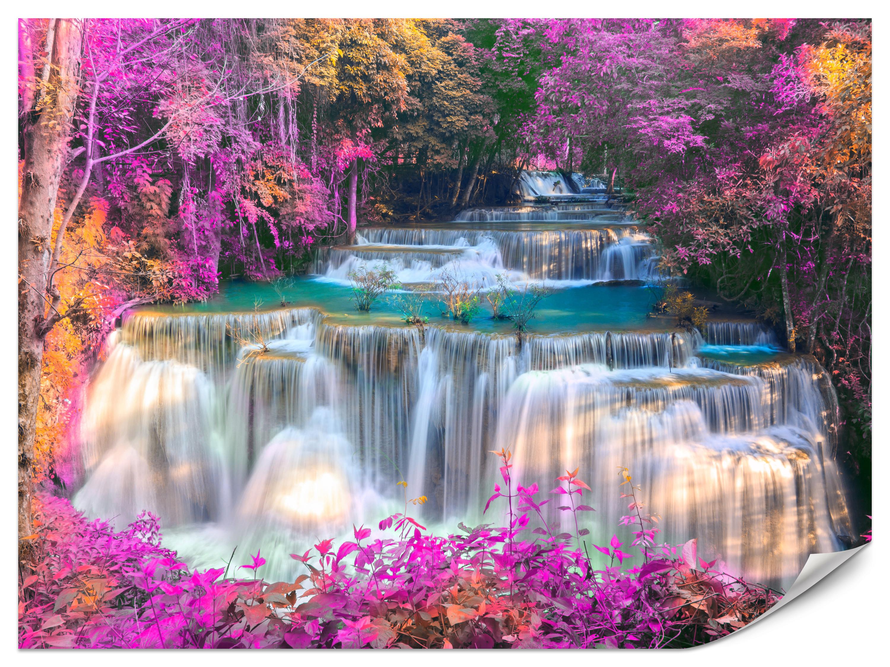 FOTOTAPETE für Schlafzimmer Wasserfall Pinker Wald Fantasie 300x210 - Türkis/Beige, Papier (300/210cm) - Muralo