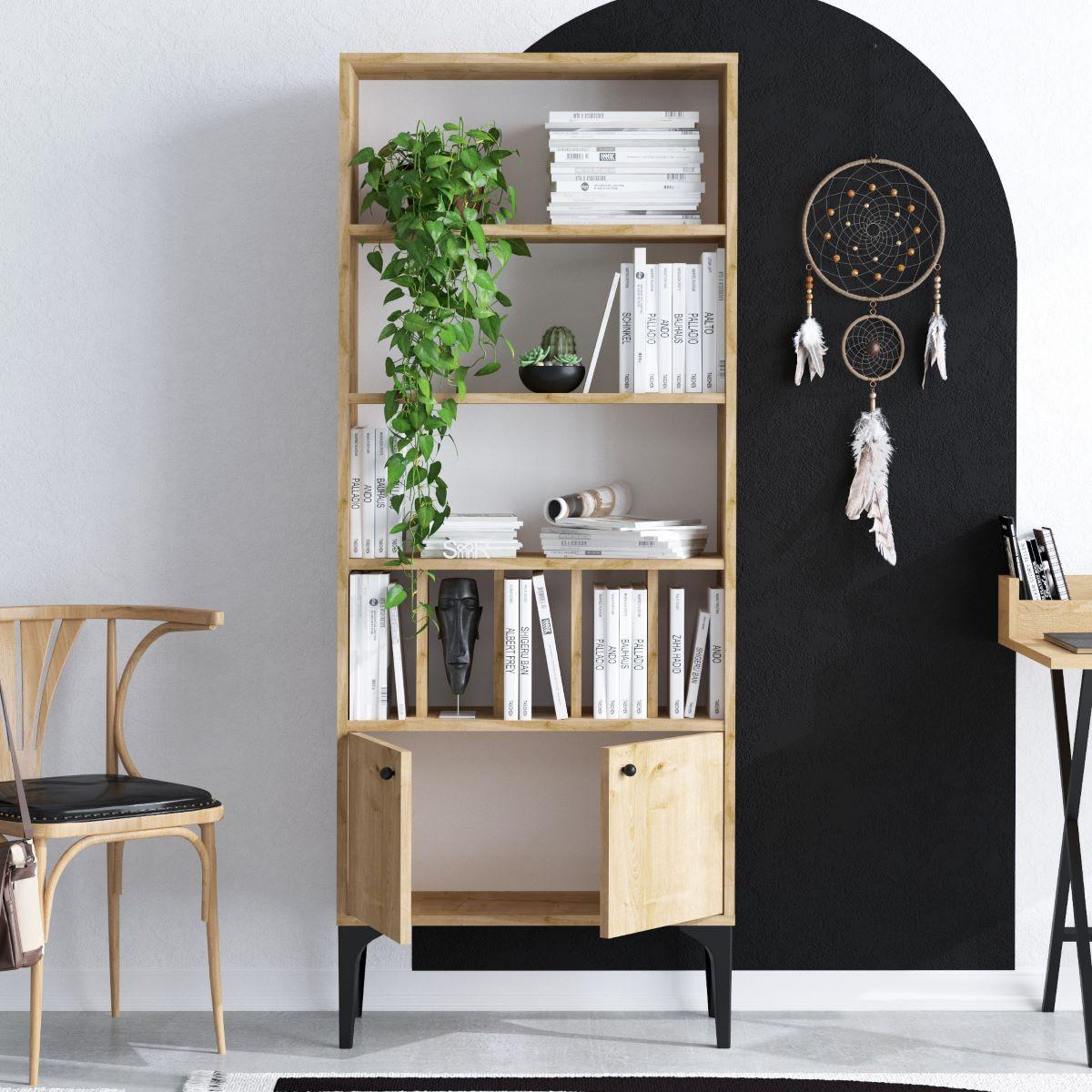 REGAL Bücherregal 8 Regale 2 Türen Eiche Saphir Dekor H175 cm - Pollux - Eschefarben, Holzwerkstoff (30/175/11cm) - Calicosy