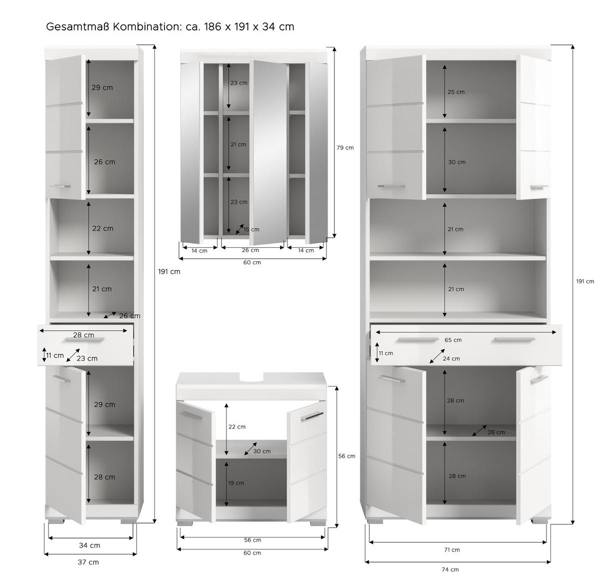 BADMÖBEL-SET weiß Hochglanz 4-teilig 200 cm, Komplettset mit viel Stauraum - Weiß Hochglanz, Glas/Holzwerkstoff (200/191/34cm) - Inn.Furn
