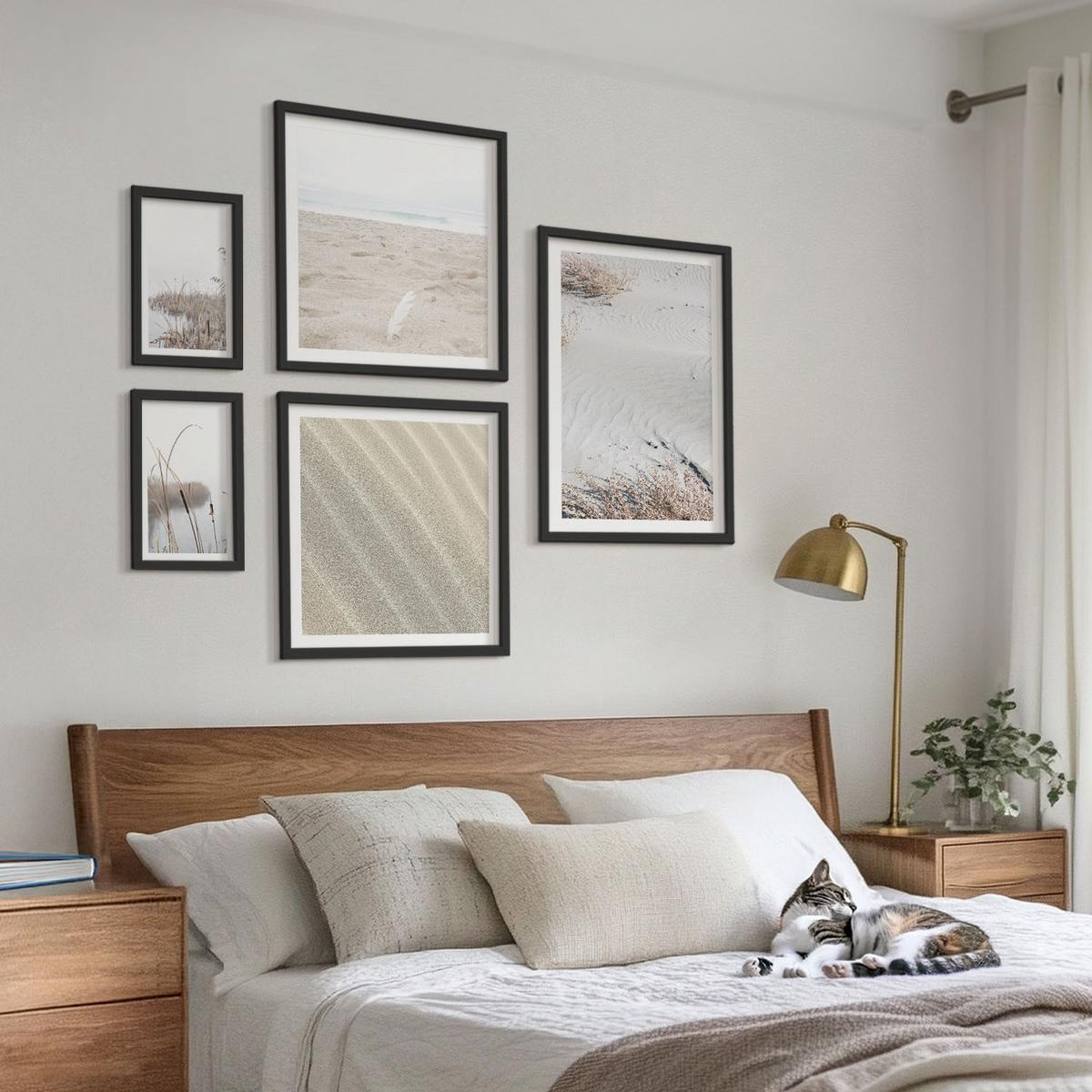 BILDER SET 5er Set - 50x50 cm & 20x30 cm & 40x60 cm Schwarzer Rahmen - Vegetation am Wasser im Sommer - Schwarz, Kunststoff (40/60cm) - TULUP