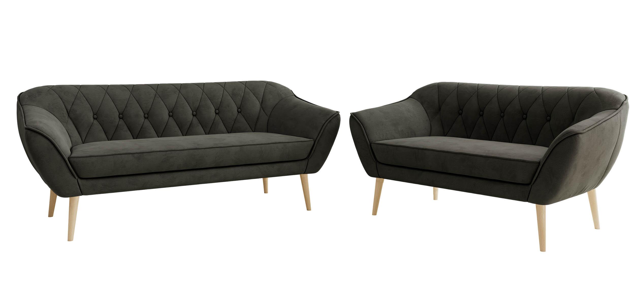 SITZGARNITUR PIRS 3+2 - Dunkelgrau Velvet - Holzbeine - Dunkelgrau/Buchefarben, Holzwerkstoff/Textil (180/75/74cm) - MKS