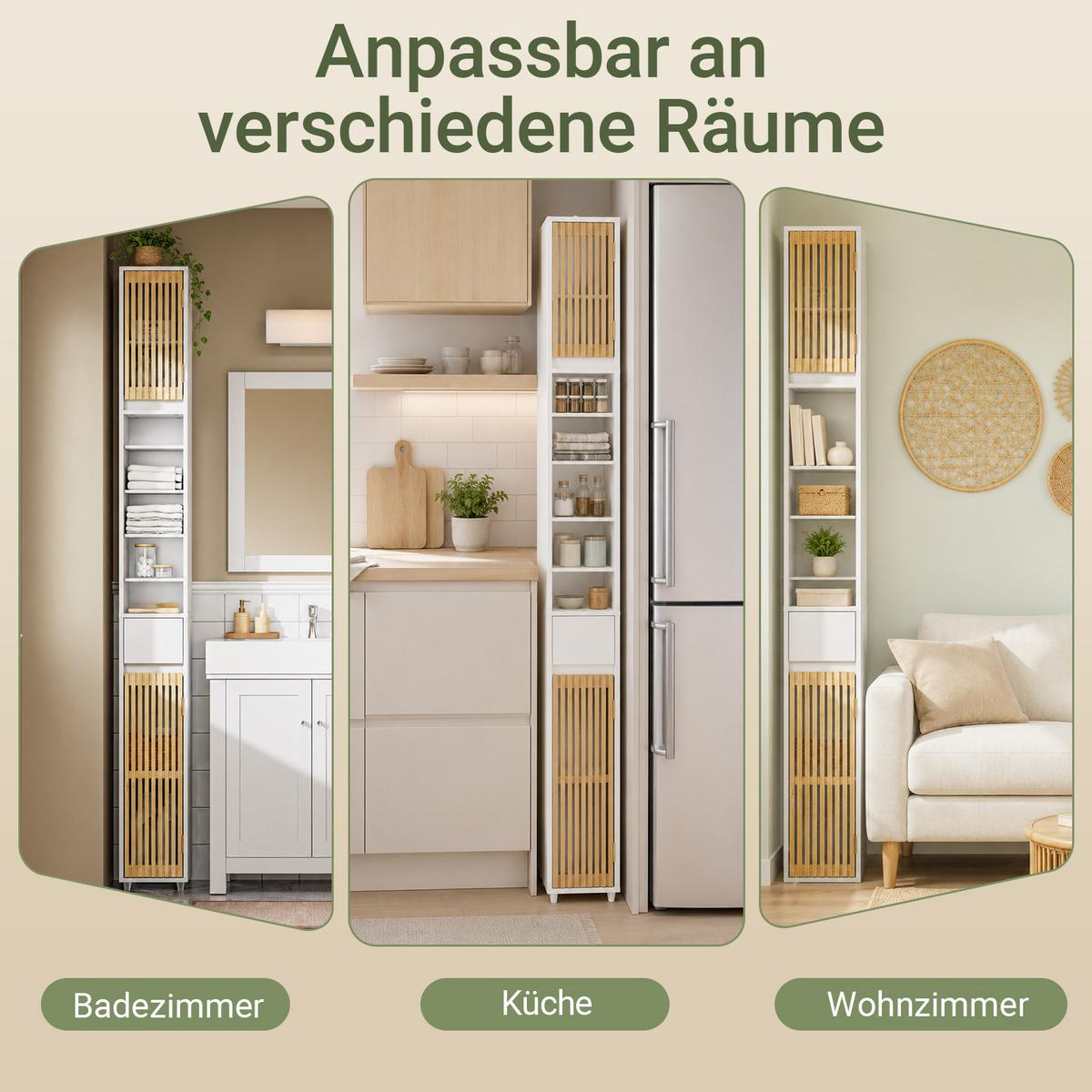 HOCHSCHRANK aus Holz, Schmal Weiß, 20x20x180cm, 20 cm breit, 6 Böden, für Bad & WC - Weiß/Naturfarben, Holzwerkstoff (20/180/20cm) - SoBuy