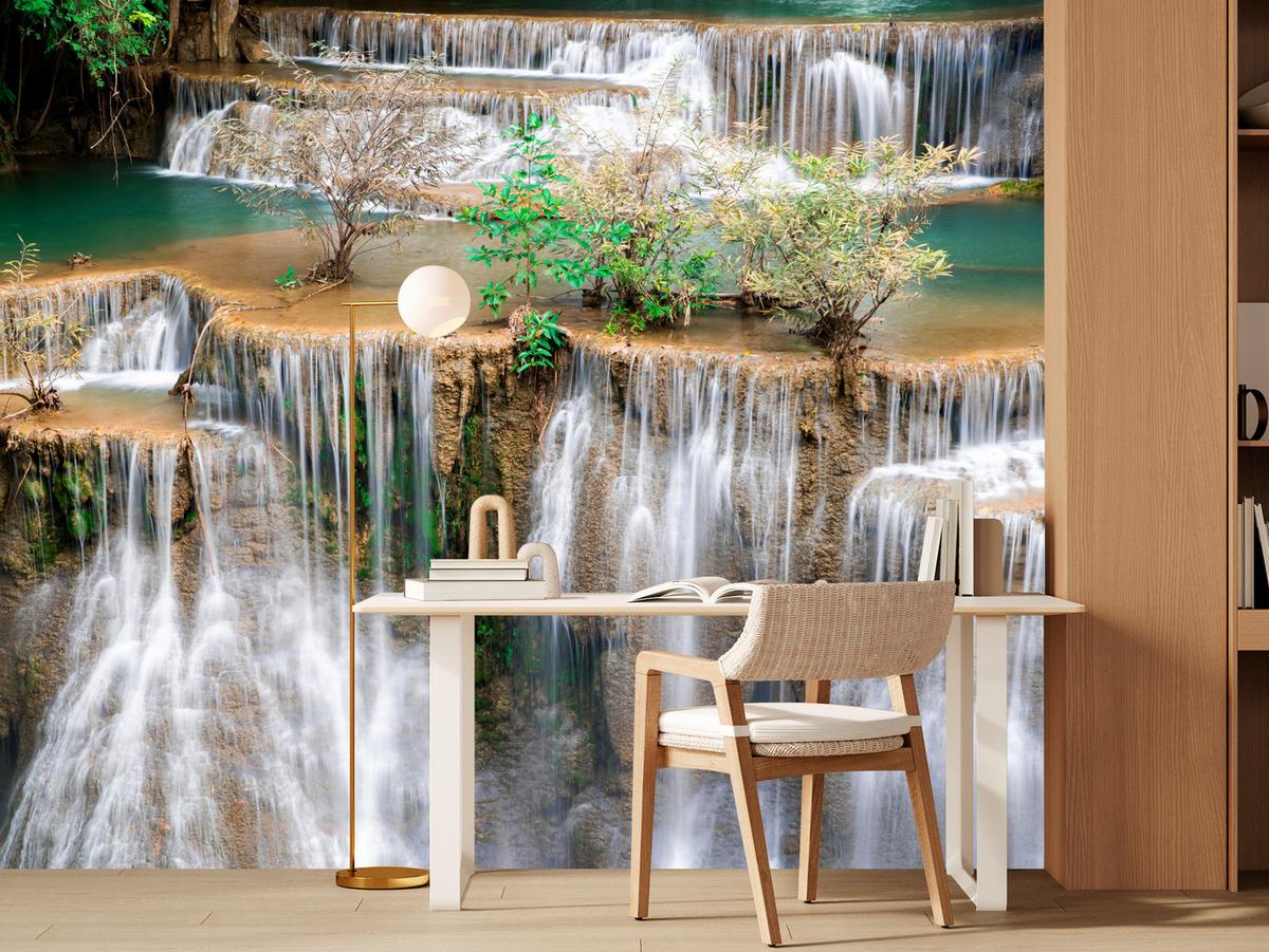 FOTOTAPETE für Wohnzimmer Wasserfall Panorama Pflanzen Natur 250x175 - Blau/Beige, Papier (250/175cm) - Muralo