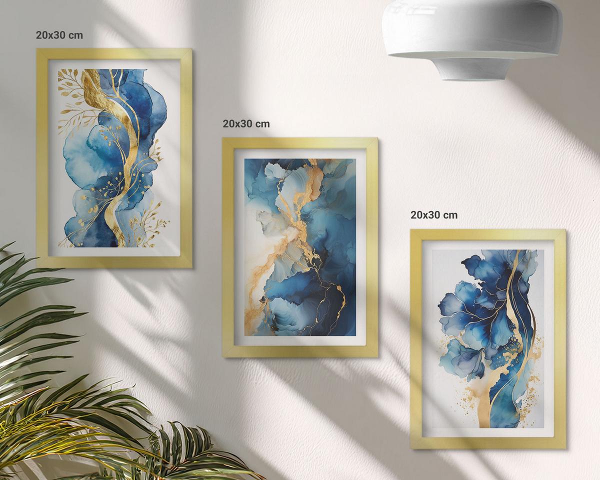 BILDER SET 3er Set - 20x30 cm Goldrahmen - Blaue abstrakte Muster - Goldfarben, Kunststoff (20/30cm) - TULUP