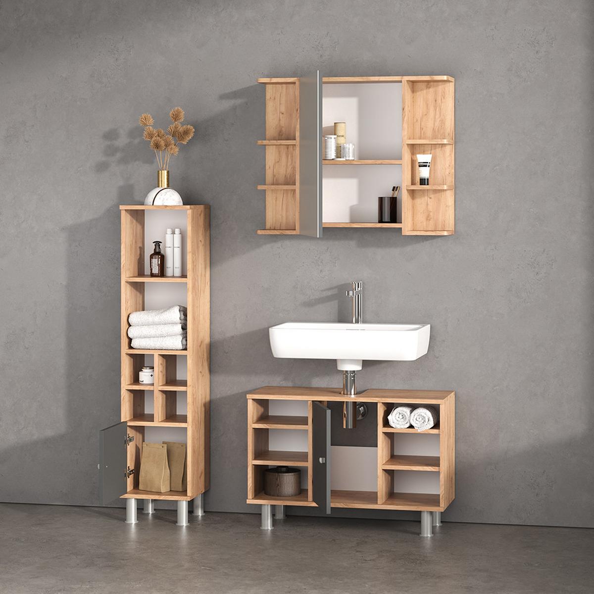 BADMÖBEL-SET Fucino Goldkraft Eiche 3 Teile, mit Midischrank Tür klein - Honigeiche, Holzwerkstoff (80/130/32cm) - Livinity®