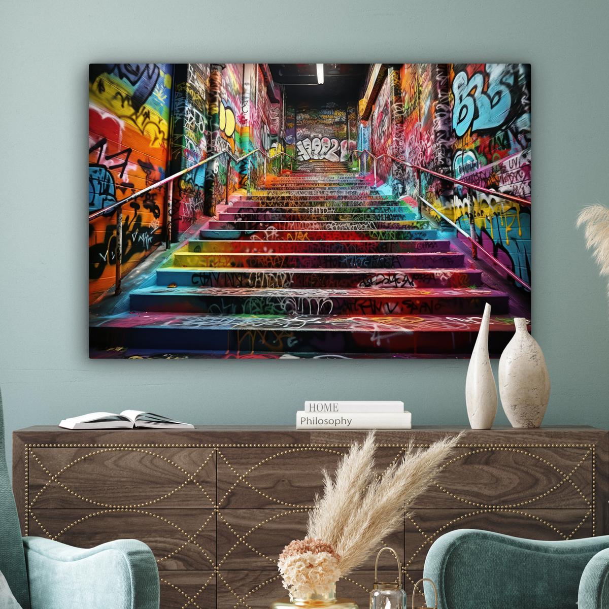 LEINWANDBILD Treppe - Graffiti - Farben - Kunst Groß 140x90 cm - Multicolor, Textil (140/90cm) - MuchoWow