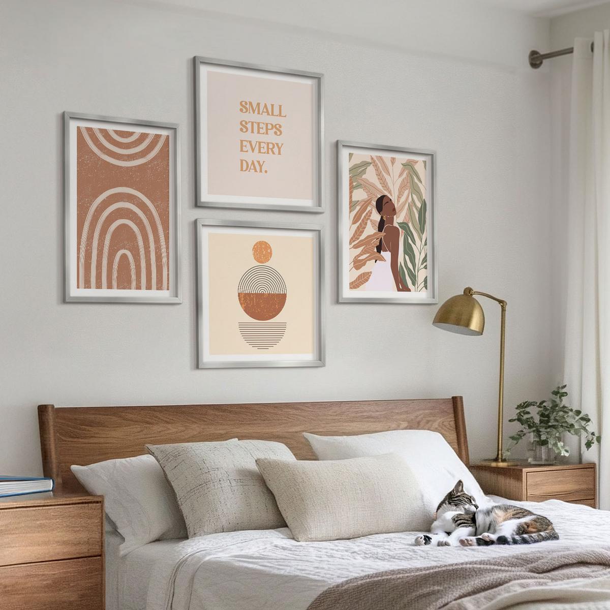 BILDER SET 4er Set - 50x50 cm & 40x60 cm Silberner Rahmen - Stilvolle Pflanzenmuster und Geometrie - Silberfarben, Kunststoff (50/50cm) - TULUP