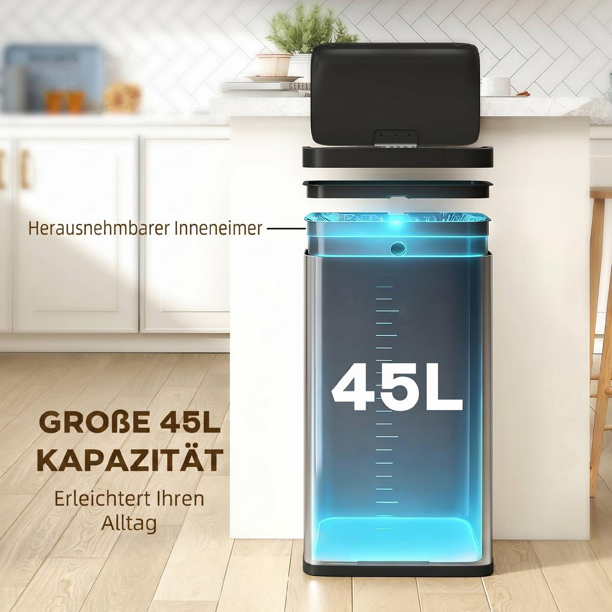 SENSOR-MÜLLEIMER Edelstahl PP ABS Silber Schwarz - Silberfarben, Metall (25.5/67.5/38cm) - HOMCOM