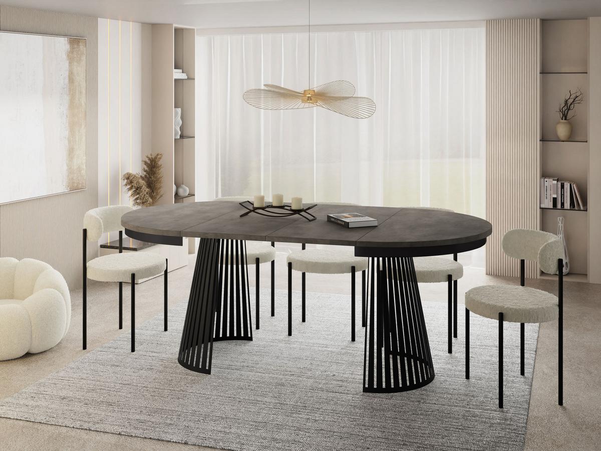 ESSTISCH Naro rund ausziehbar mit Schwarzem Lamellen-Metallgestell, Beton-Optik Dunkelgrau 120-200/120/76 cm - Dunkelgrau/Schwarz, Holzwerkstoff/Metall (120/196/76cm) - WFL GROUP