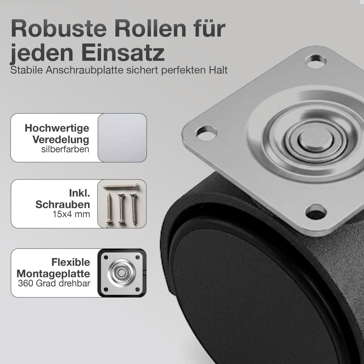 MÖBELROLLEN 40 mm 4er Set mit Bremse - Schwarz, Kunststoff (4/6/8cm) - K-Möbel