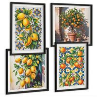 BILDER SET 4er Set - 50x50 cm & 40x60 cm Schwarzer Rahmen - Farbenfrohe abstrakte Zitrusfrüchte - Schwarz, Kunststoff (50/50cm) - TULUP