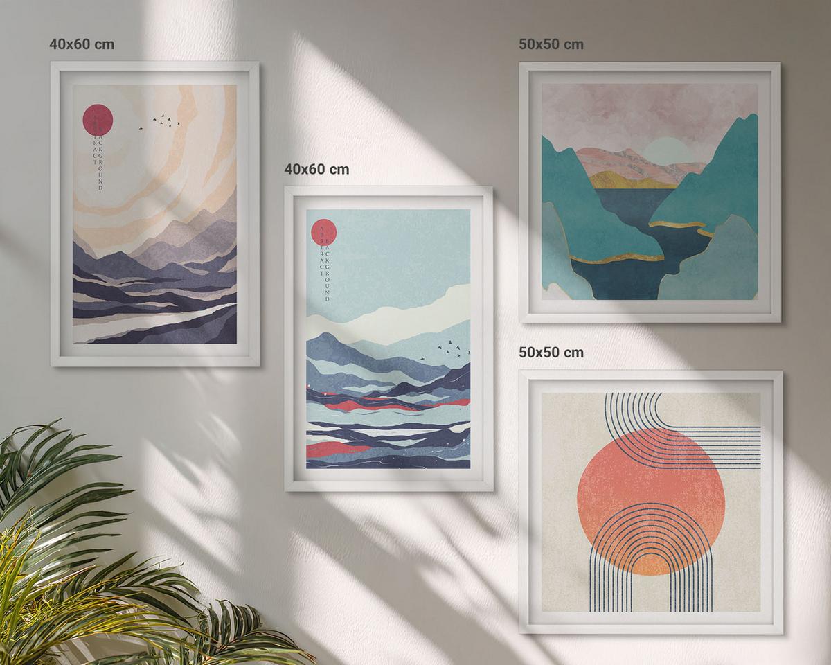 BILDER SET 4er Set - 50x50 cm & 40x60 cm Weißer Rahmen - Japanische Berglandschaften - Weiß, Kunststoff (50/50cm) - TULUP