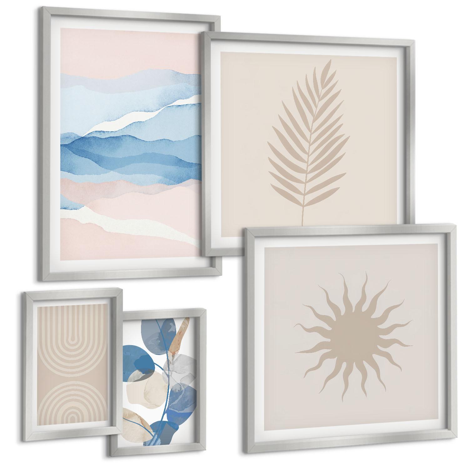 BILDER SET 5er Set - 50x50 cm & 20x30 cm & 40x60 cm Silberner Rahmen - Abstrakte Linien der Sonnenwellen - Silberfarben, Kunststoff (40/60cm) - TULUP