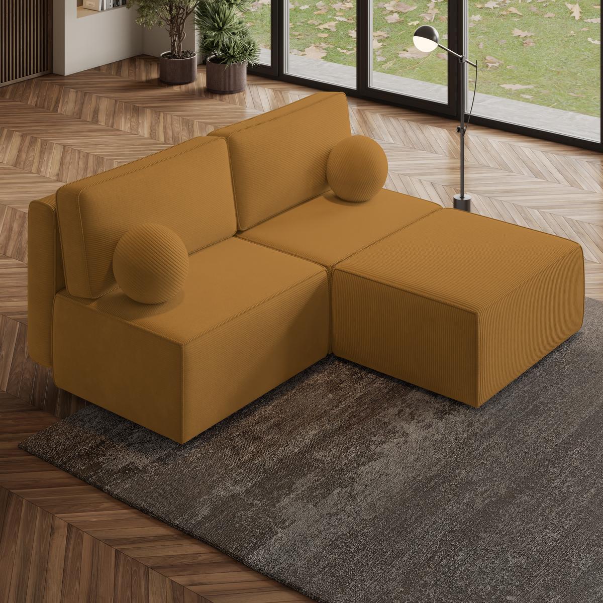 ECKSOFA VARNA P Gelb Kordstoff mit Schlaffunktion - Gelb/Grau, Holz/Kunststoff (196/158cm) - MASSENO