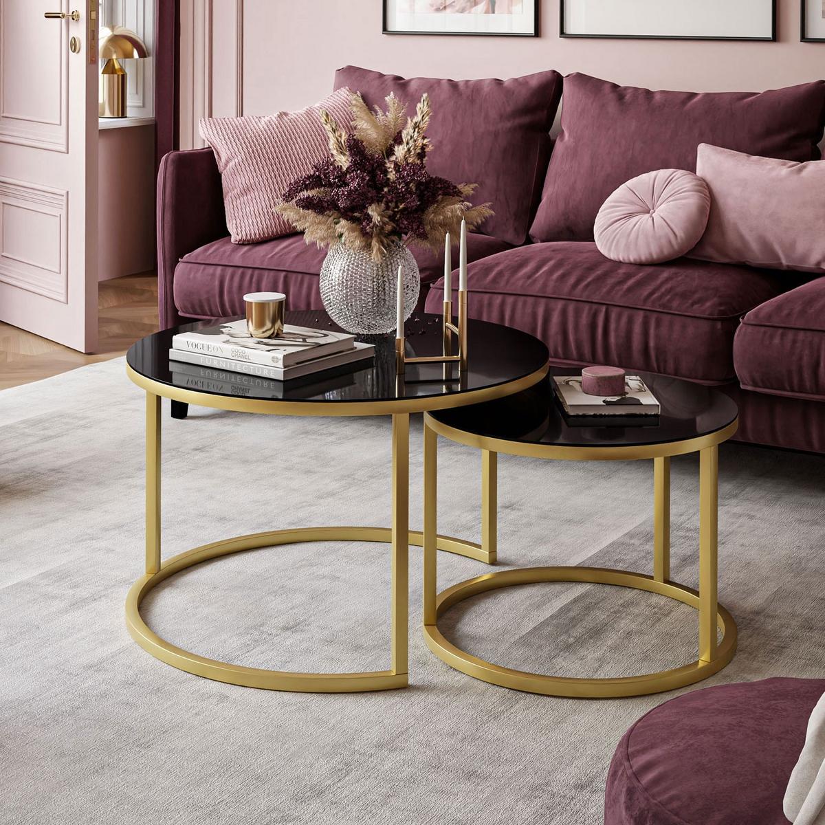 COUCHTISCH 2-in-1 CIRI GLASS mit Glasplatte matt gold - Goldfarben/Schwarz, Glas (70/70/47cm) - Lookway
