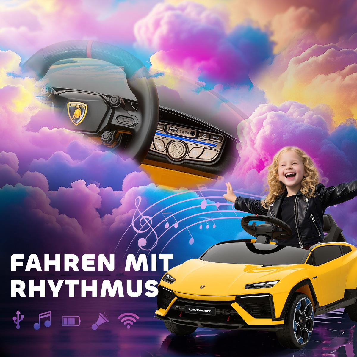 KINDER-ELEKTROAUTO 12V Kinderauto mit 2,4 GHz Fernbedienung, 2 Motor LED, Musik - Gelb, Kunststoff (101.5/49/43cm) - AIYAPLAY