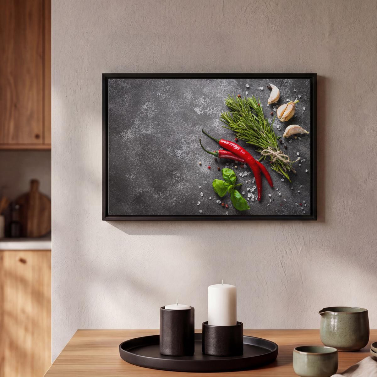 LEINWAND Bilder mit Rahmen - Pfeffer - Kräuter - Gewürze - Beton - 30x20 - Dunkelgrau, Textil (30/20cm) - MuchoWow