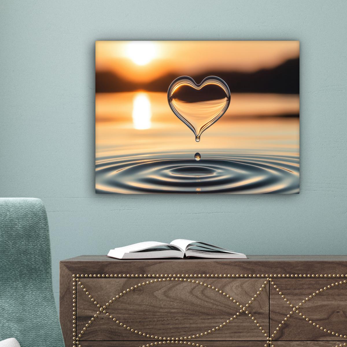 LEINWANDBILD Herz - Wasser - Sonnenuntergang - Natur - Zen Wandbild 40x30 cm - Bernsteinfarben, Textil (40/30cm) - MuchoWow