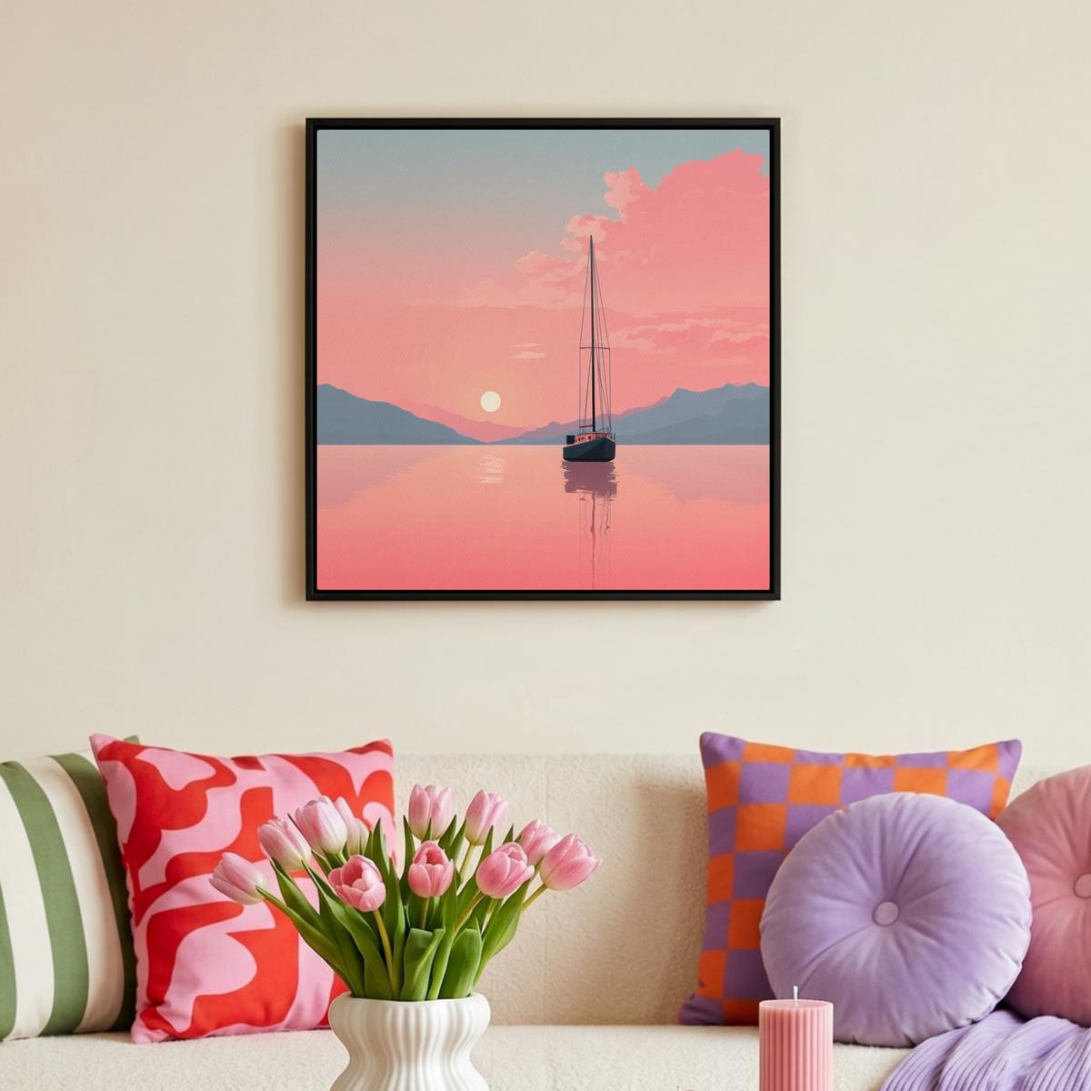LEINWAND Bilder mit Rahmen - Segelboot - Rosa Meer - Sonnenuntergang - Berge - 50x50 - Rosa, Textil (50/50cm) - MuchoWow