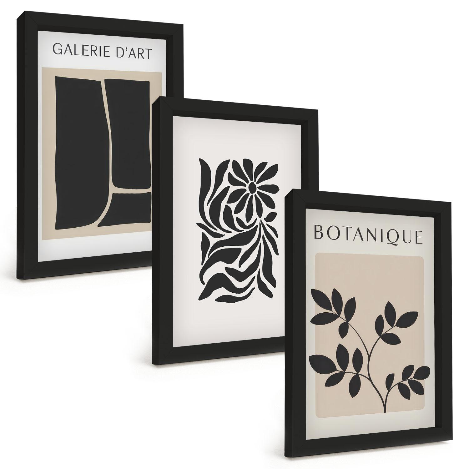 BILDER SET 3er Set - 20x30 cm Schwarzer Rahmen - Abstrakte Pflanzenmuster - Schwarz, Kunststoff (20/30cm) - TULUP