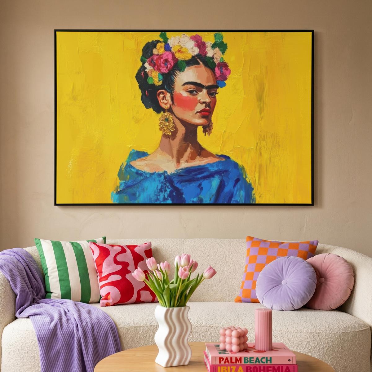 LEINWAND Bilder mit Rahmen - Frida Kahlo - Frau - Gelb - Blau - Blumen - 120x80 - Gelb, Textil (120/80cm) - MuchoWow