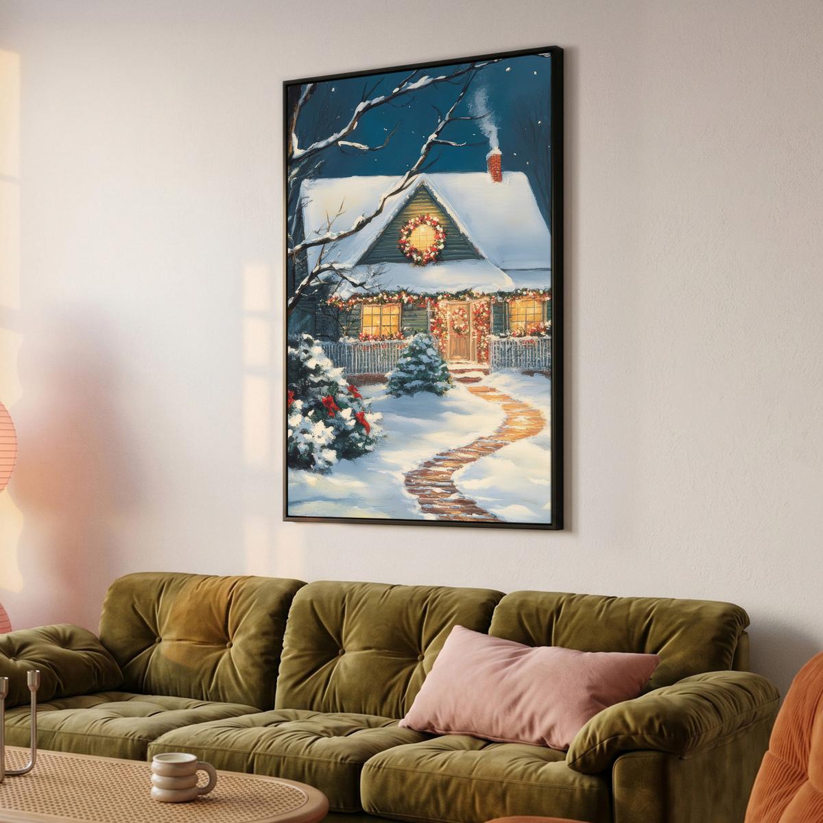 LEINWAND Bilder mit Rahmen - Weihnachten - Weihnachtsbaum - Winter - Zuhause - Schnee - 80x120 - Smaragdgrün, Textil (80/120cm) - MuchoWow