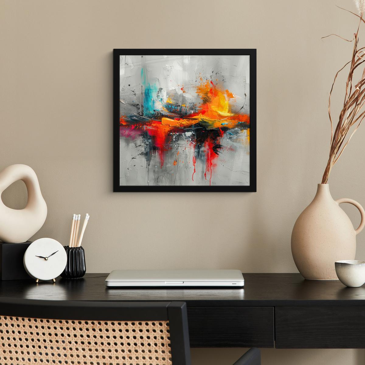 POSTER MIT RAHMENGERAHMTES BILD Moderne Kunst - Orange - Grau - Abstrakt 40x40 cm - Hellgrau, Papier (40/40cm) - MuchoWow