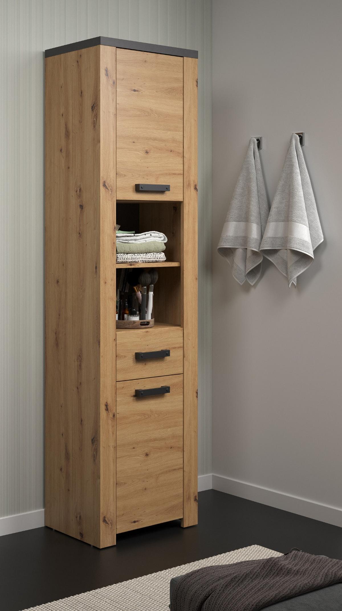 HOCHSCHRANK Eiche Artisan, grau 53 x 196 cm, Badschrank mit 6 Fächern und Vollauszug - Eichefarben/Schwarz, Holzwerkstoff/Kunststoff (53/196/35cm) - Top.Furn