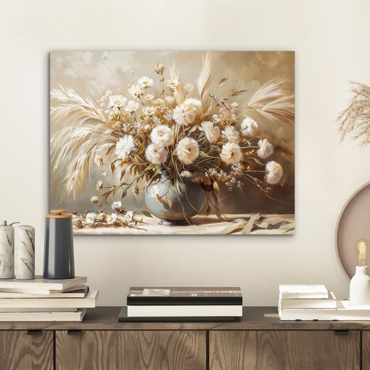 METALLBILD Blumen - Vase - Stilleben - Beige 40x30 cm - Creme, Metall (40/30cm) - MuchoWow