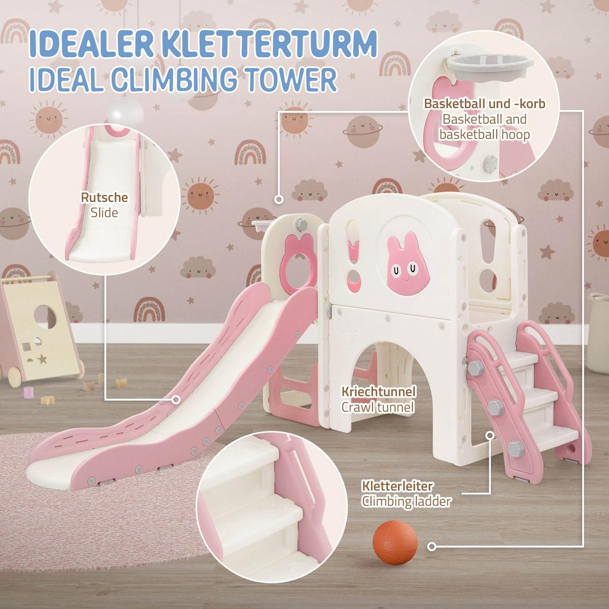 KINDERRUTSCHE mit Spielturm und Basketballkorb Rosa aus Kunststoff - Pink, Kunststoff (134.5/94.5/162cm) - Joyz
