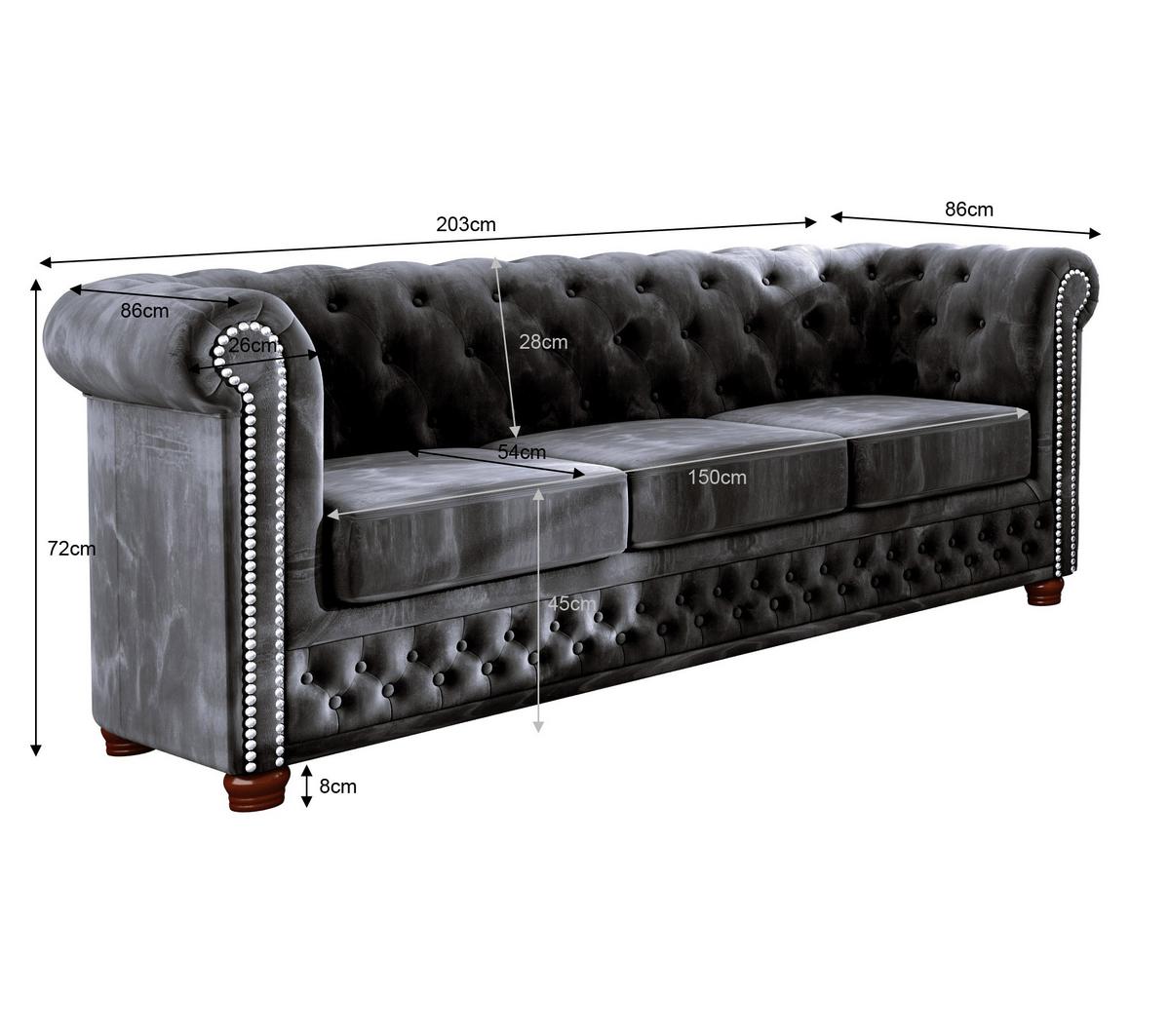 SITZGARNITUR 3+2+1 Chesterfield Lauren Schwarz Samt - Schwarz/Braun, Holz/Textil (203/72/86cm) - S-Style Möbel