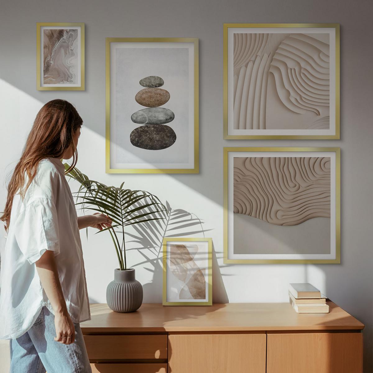 BILDER SET 5er Set - 50x50 cm & 20x30 cm & 40x60 cm Goldrahmen - Abstrakte bemalte Strukturen - Goldfarben, Kunststoff (40/60cm) - TULUP