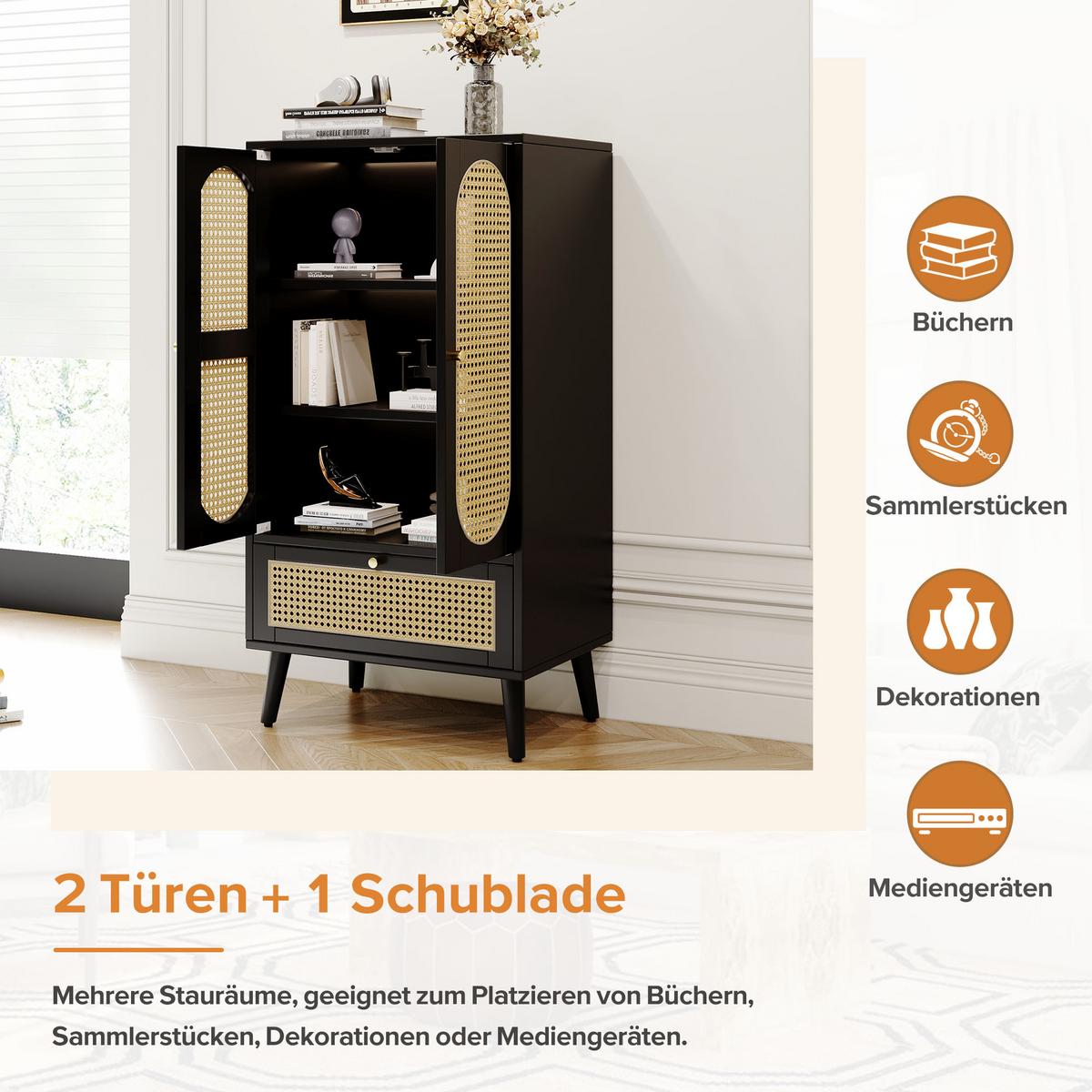 HIGHBOARD Aus Rattan Schwarz 60/40/110,5 cm - Schwarz, Holzwerkstoff/Metall (40/111/60cm) - Urban Meuble