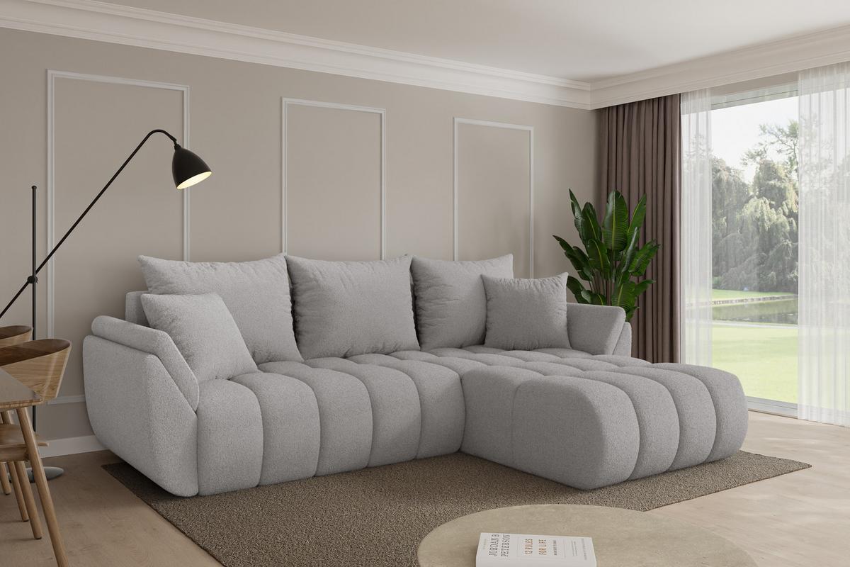 ECKSOFA mit Schlaffunktion Ottomane Rechts TOKO-L-v1 277x194x86 Hellgrau Bouclé - Silberfarben/Hellgrau, Holzwerkstoff/Kunststoff (277/194cm) - ALTDECOR