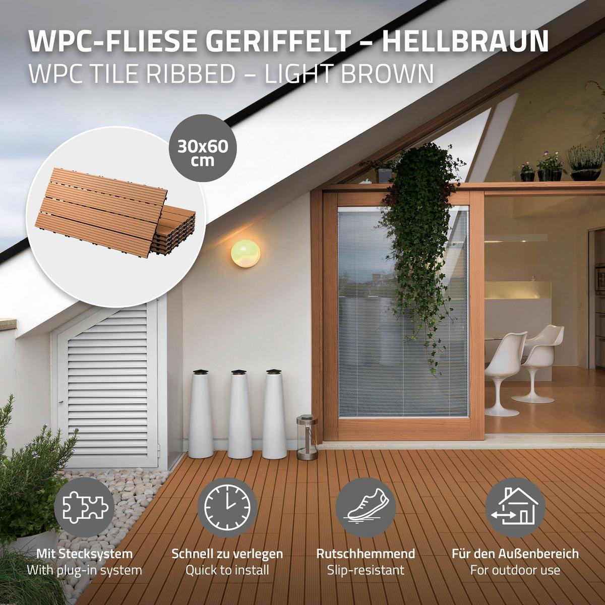 TERRASSENFLIESE Hellbraun 12 Stück - Hellbraun, Holzwerkstoff (60/30/2cm) - ECD-Germany