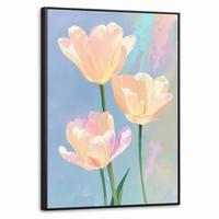LEINWAND Bilder mit Rahmen - Tulpen - Rosa Akzente - Blau - 60x80 - Pastellblau, Textil (60/80cm) - MuchoWow