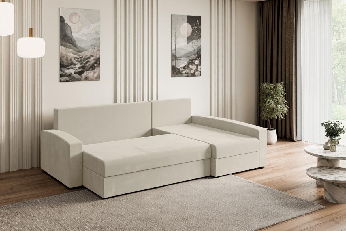 ECKSOFA mit Schlaffunktion und Bettkasten ALESIA-L 231x140x90 cm Beige Velours - Beige/Silberfarben, Holzwerkstoff/Kunststoff (231/140cm) - ALTDECOR