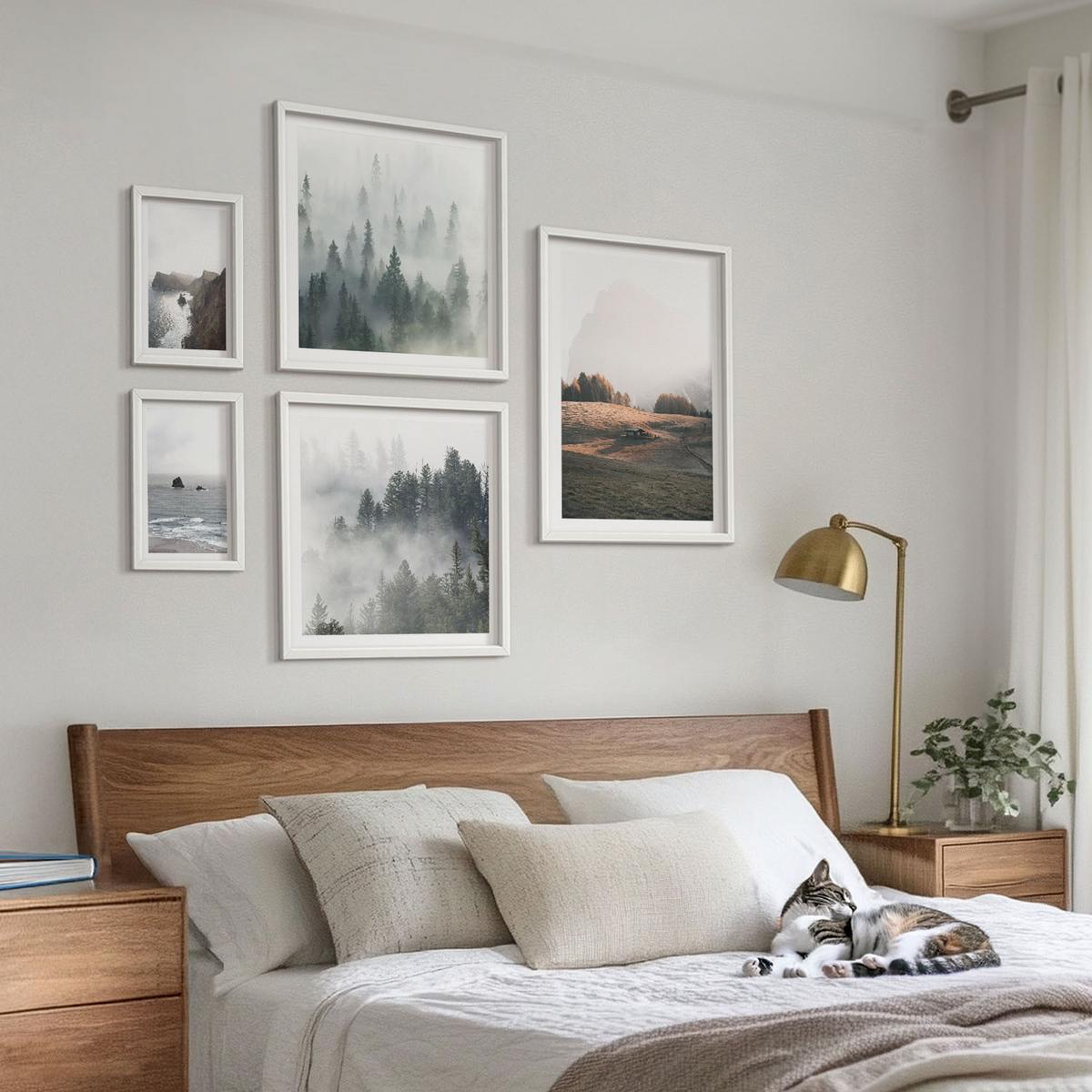 BILDER SET 5er Set - 50x50 cm & 20x30 cm & 40x60 cm Weißer Rahmen - Landschaften aus Bergen und Meer - Weiß, Kunststoff (40/60cm) - TULUP