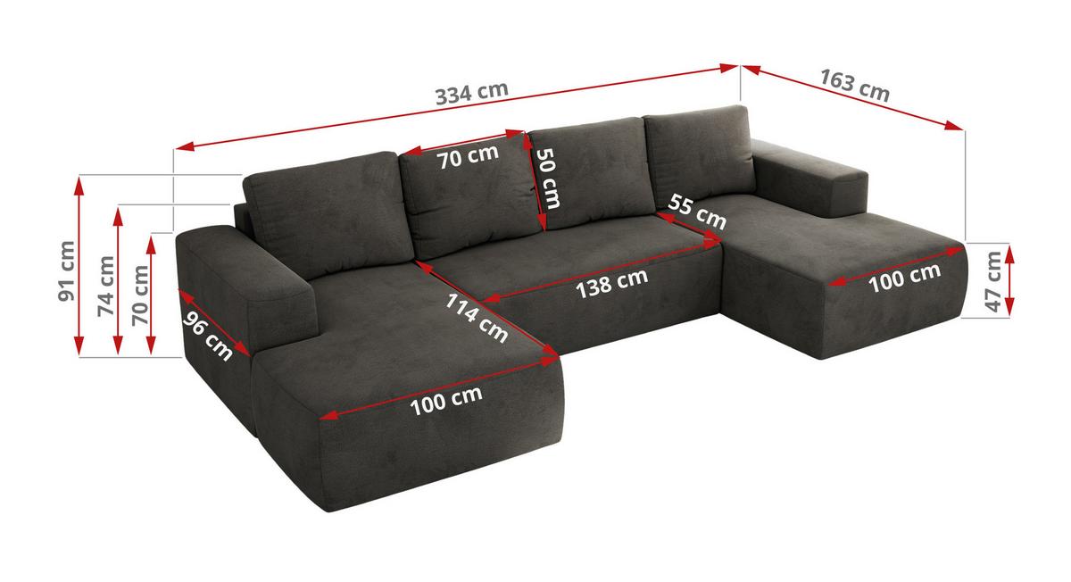 WOHNLANDSCHAFT TRENTINO U Dunkelgrau Velvet - Dunkelgrau/Schwarz, Kunststoff/Textil (334/91/163cm) - MKS